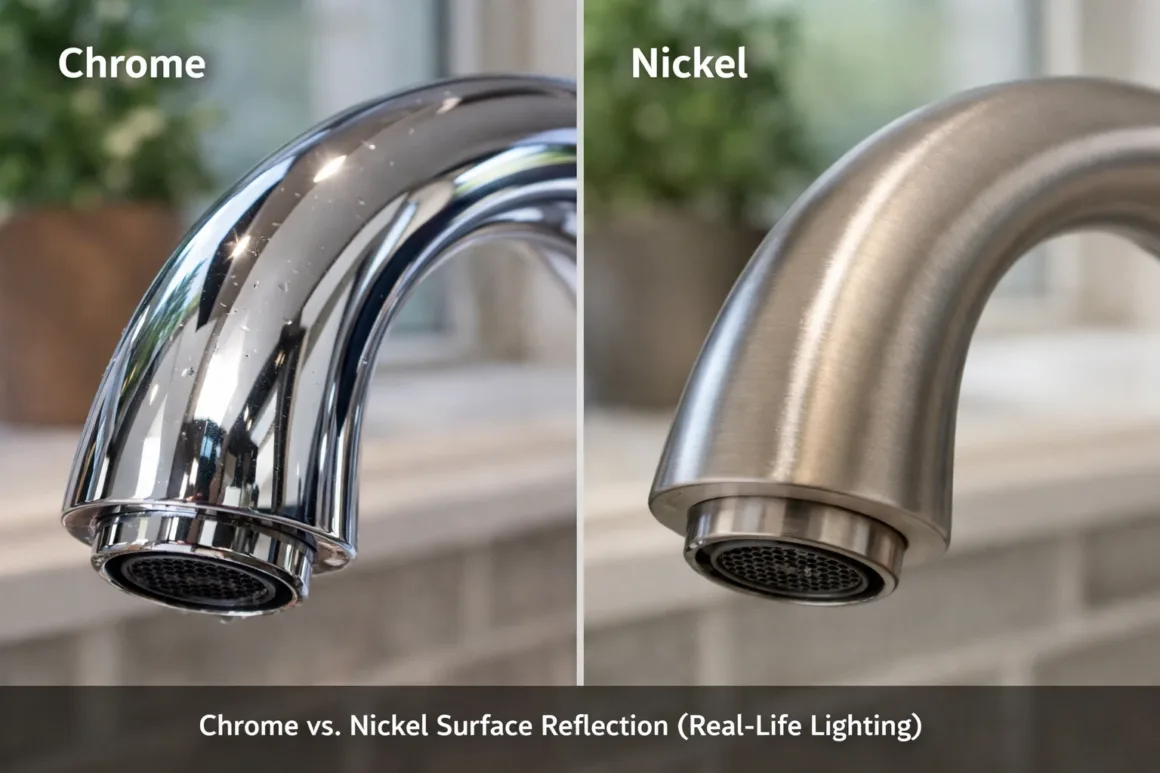 Chrome vs nickel faucet surfaces under real-life lighting, showing reflective chrome and softer nickel finish