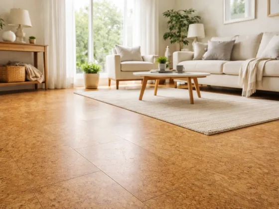 Cork flooring with natural texture in a bright, comfortable home designed for senior-friendly living