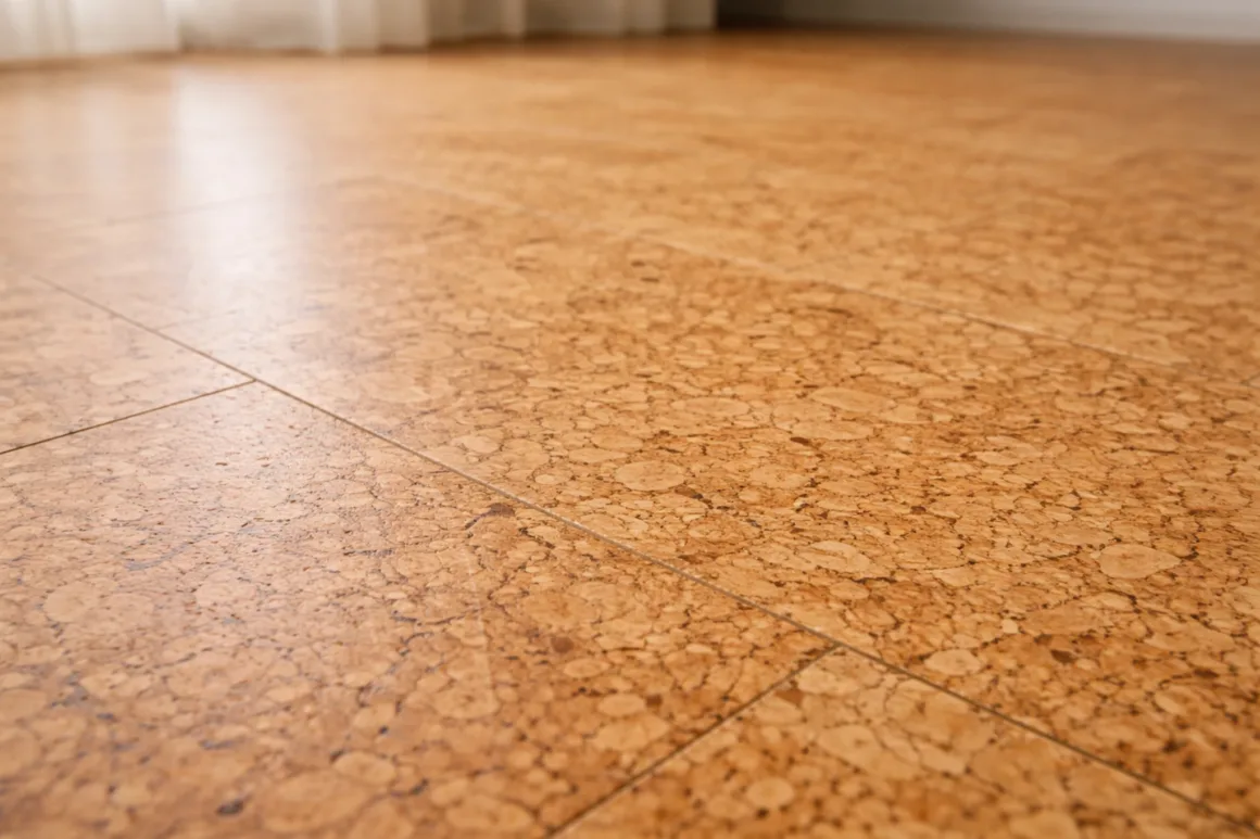 Close-up of cork flooring texture showing natural grain and warm surface finish