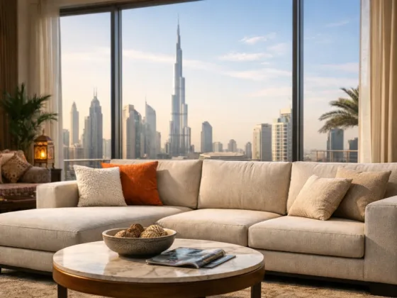 Custom sofa in a modern Dubai living room with floor-to-ceiling windows and skyline view