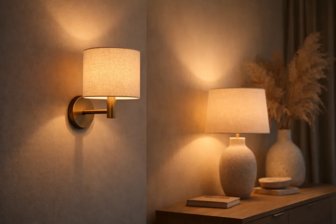 Decorative wall sconce and table lamp creating a soft, warm lighting atmosphere in a home interior