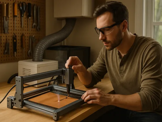Man using a desktop diode laser to cut vegetable-tanned leather in a well-organized home workshop