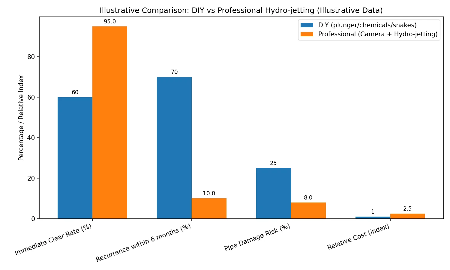 Illustrative comparison chart: DIY versus professional hydro-jetting