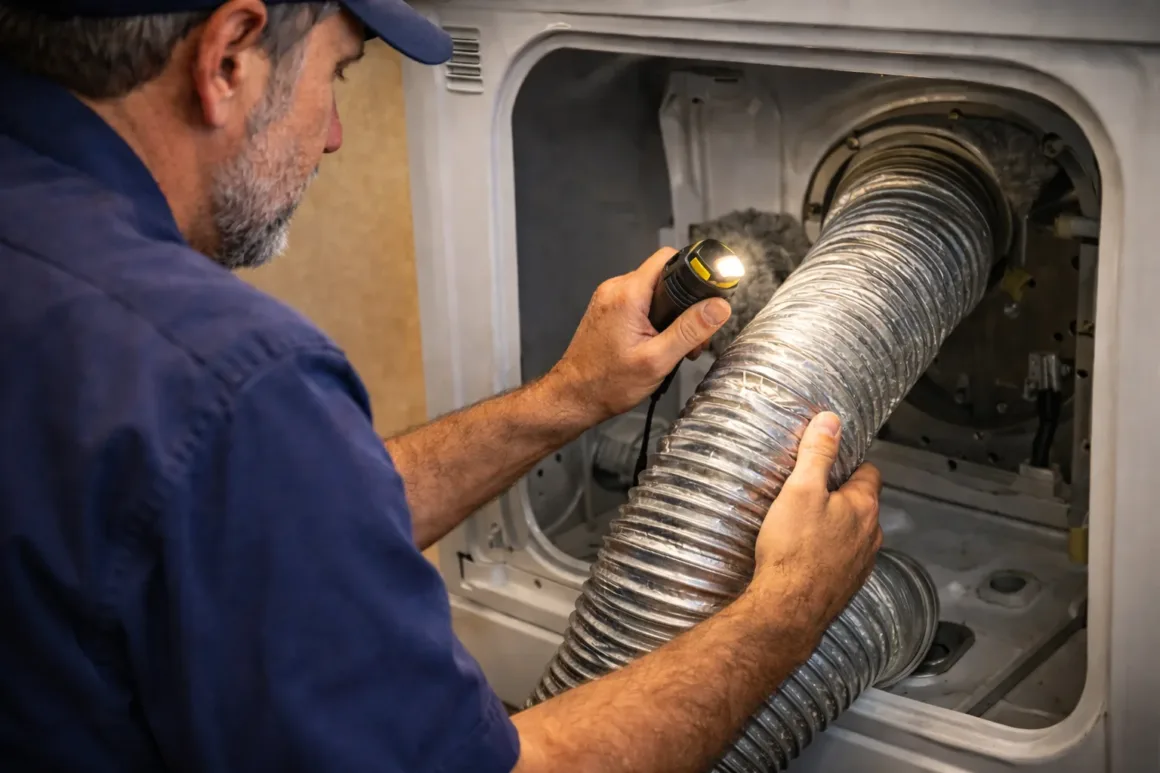 Technician inspecting dryer airflow and ventilation during a professional repair check