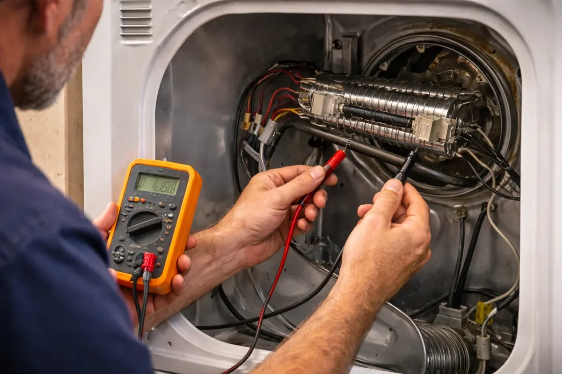 Technician testing dryer heating element and wiring during a professional diagnostic inspection