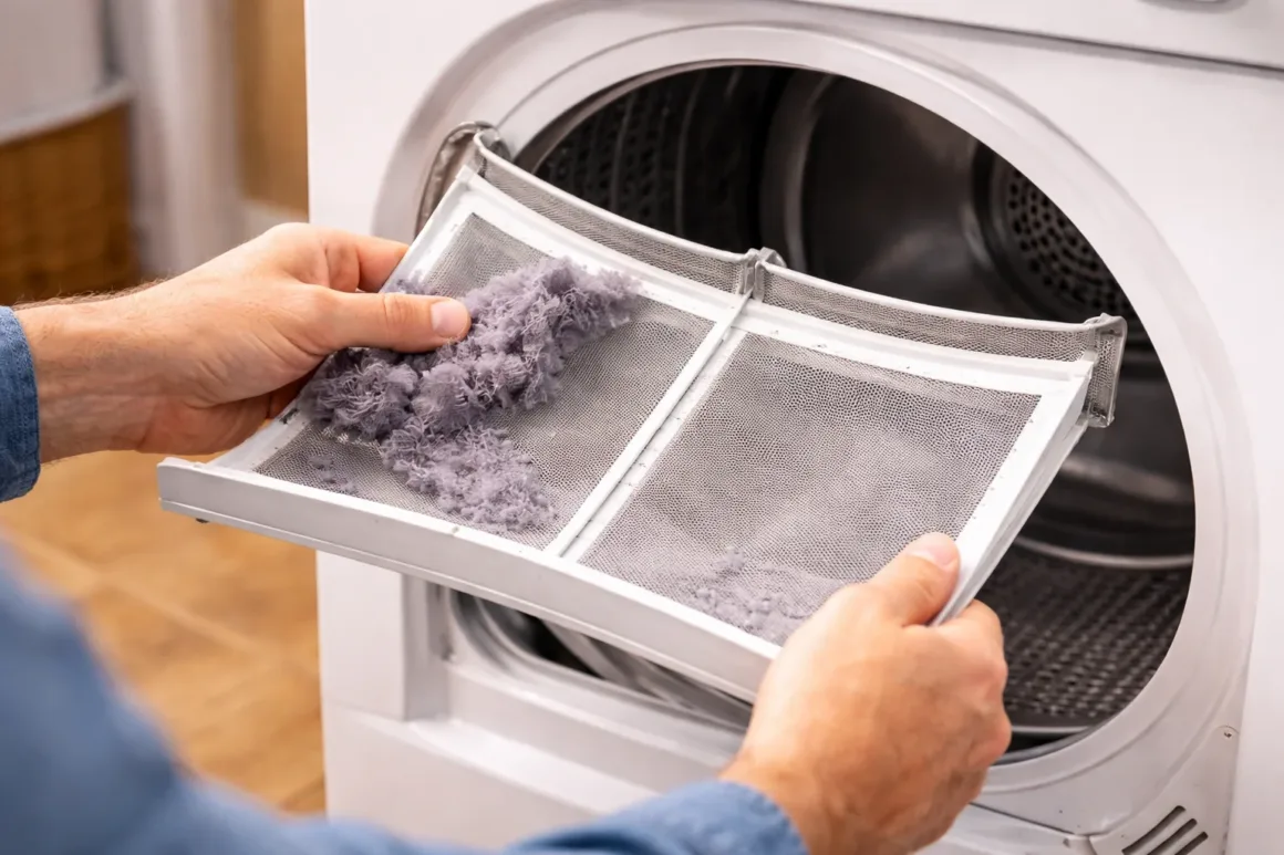 Cleaning a dryer lint filter as part of routine home maintenance