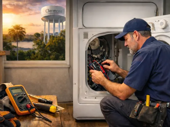 Technician inspecting a dryer during a professional dryer repair in Clermont, Florida