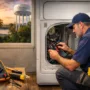 Technician inspecting a dryer during a professional dryer repair in Clermont, Florida