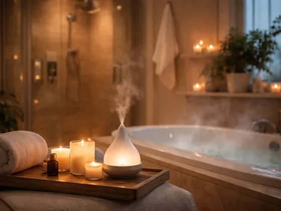 Spa-inspired bathroom with soft lighting, aromatherapy diffuser steam, candles, and a soaking tub creating a calm home retreat