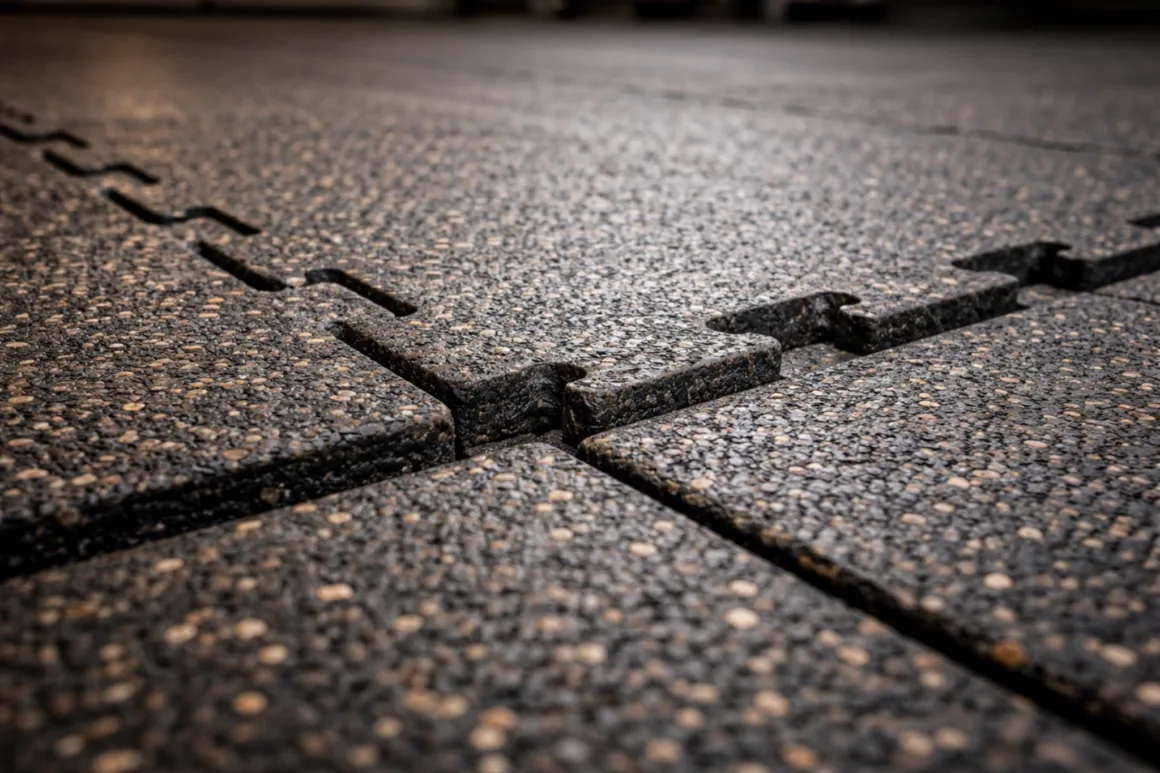 Close-up of interlocking rubber gym flooring showing textured surface and tight joints for durability