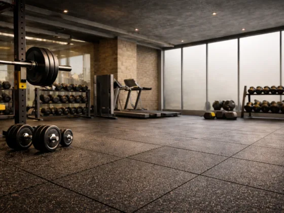 Modern gym interior with durable rubber flooring designed for heavy use and long-term performance