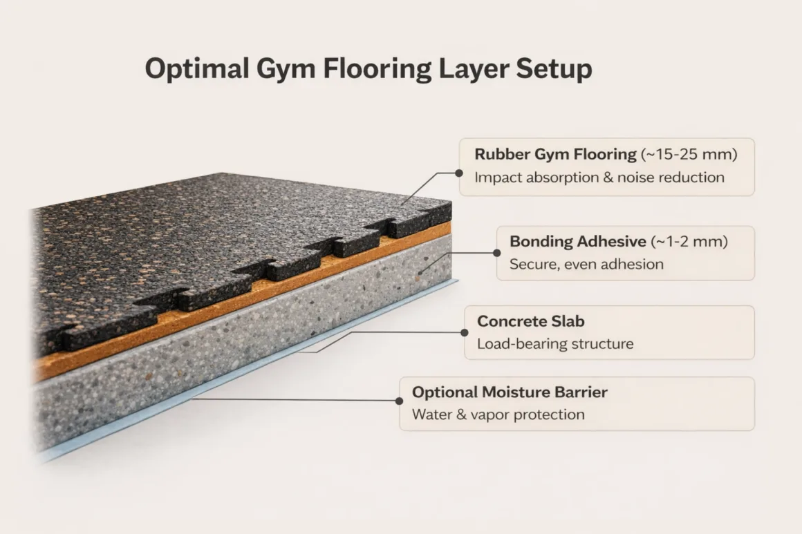 Cross-section diagram showing gym flooring layers including rubber flooring, adhesive, concrete slab, and moisture barrier