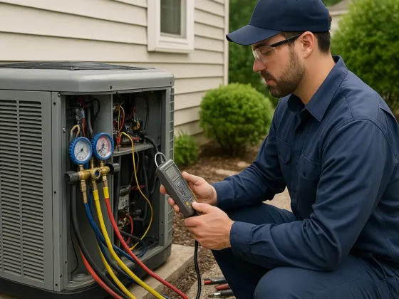 HVAC technician performing professional maintenance on a residential heat pump outside a modern family home.