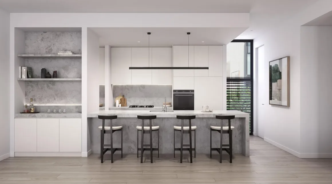 Modern kitchen 3D render showing lighting, materials, and layout used for renovation planning
