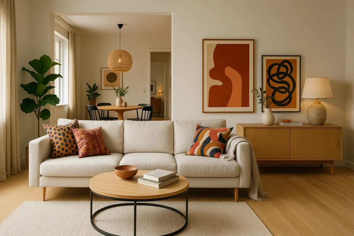 Bright living room mixing modern, Scandinavian, and maximalist interior design styles with a neutral sofa, light wood furniture, and bold abstract art.
