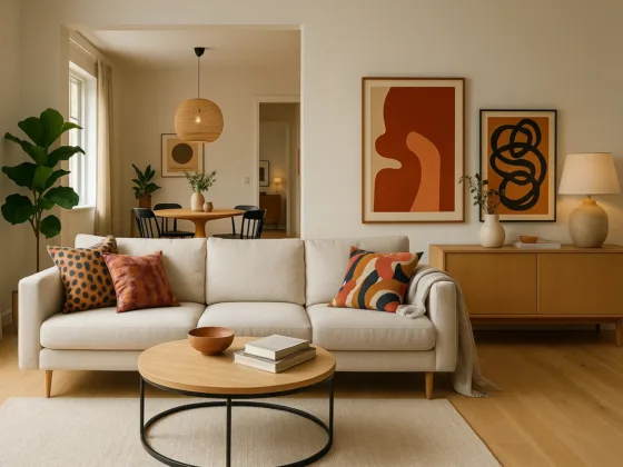 Bright living room mixing modern, Scandinavian, and maximalist interior design styles with a neutral sofa, light wood furniture, and bold abstract art.