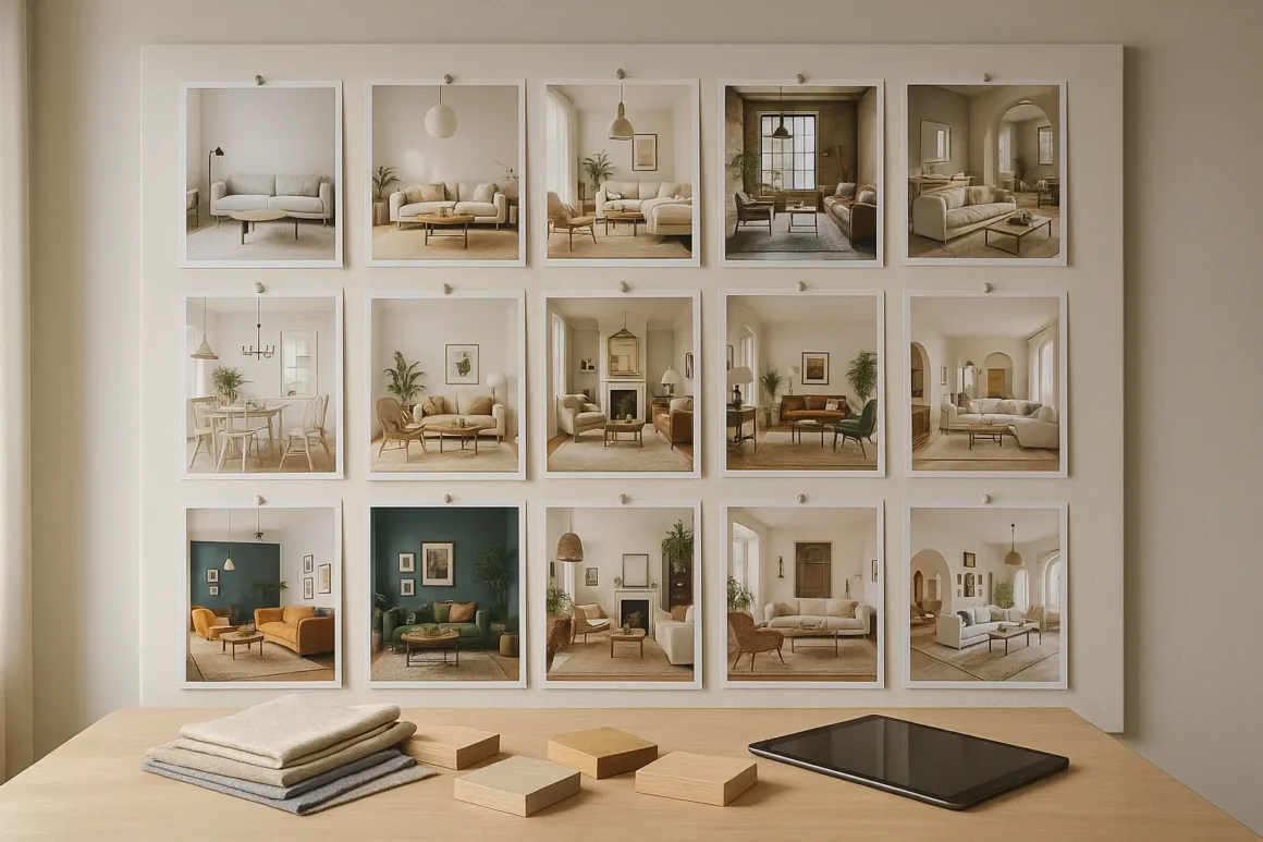 Design studio moodboard displaying photos of different interior design styles above a worktable with fabric swatches, wood samples, and a tablet.