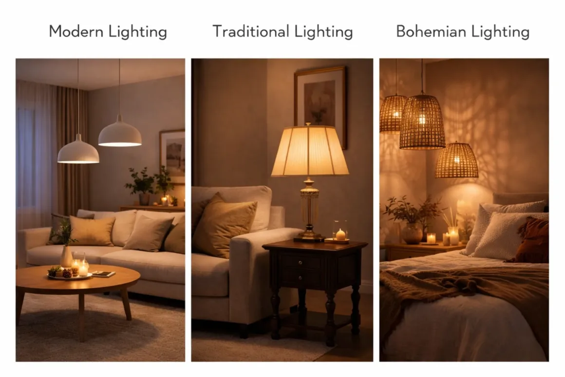 Comparison of modern, traditional, and bohemian lighting styles showing different decorative lighting atmospheres
