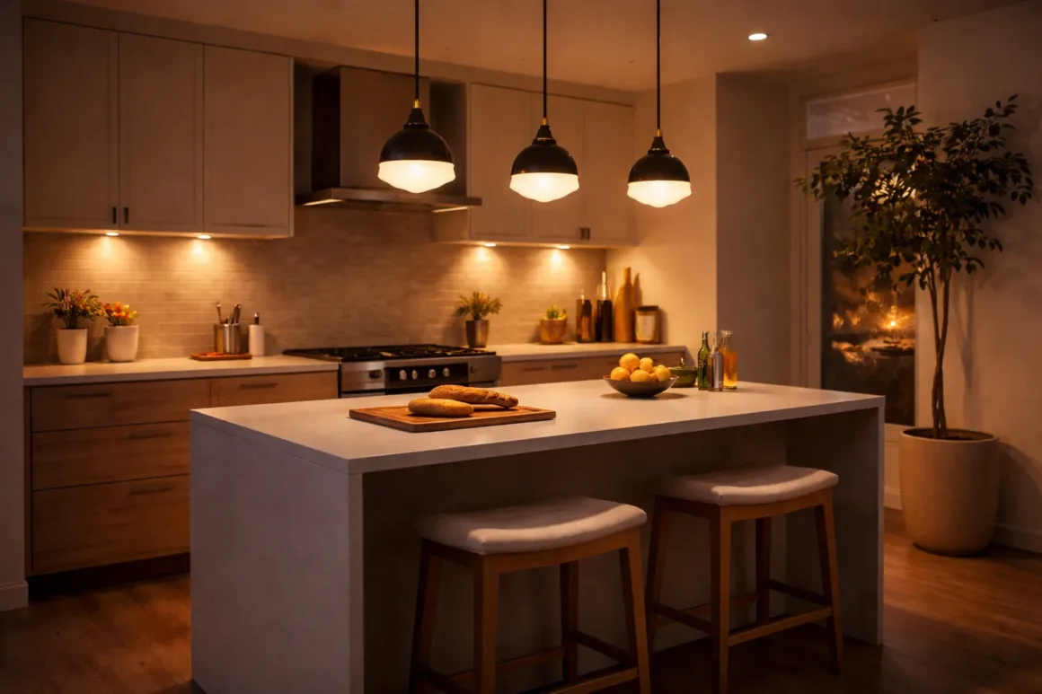 Kitchen with pendant and under-cabinet lighting creating clear and functional task illumination