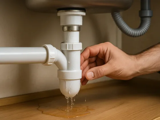 Homeowner checking a leaking PVC drain trap under a kitchen sink with water dripping onto the cabinet floor