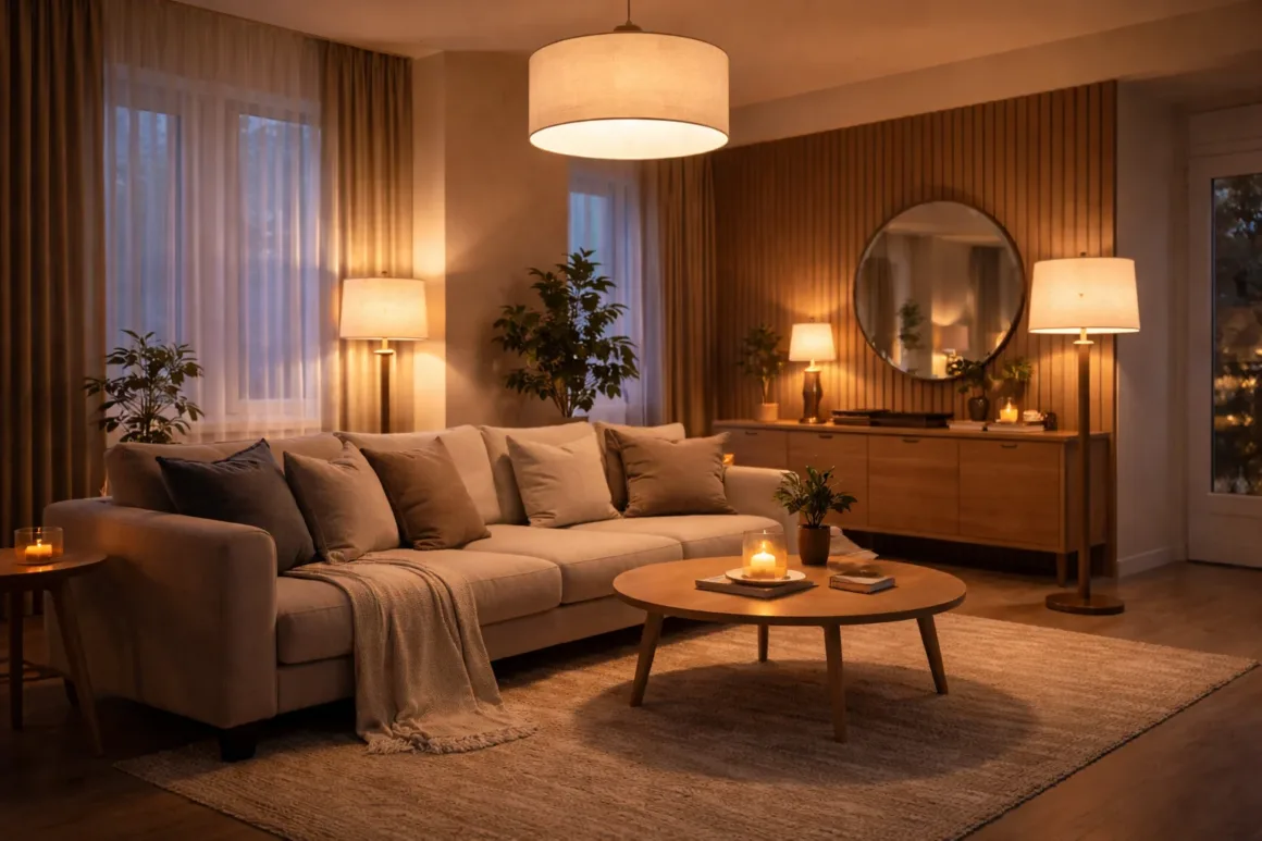 Layered lighting in a living room using ceiling, table, and accent lights to create a warm atmosphere