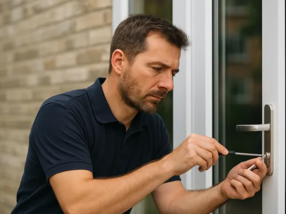 Professional locksmith working on a modern white front door in Knightsbridge