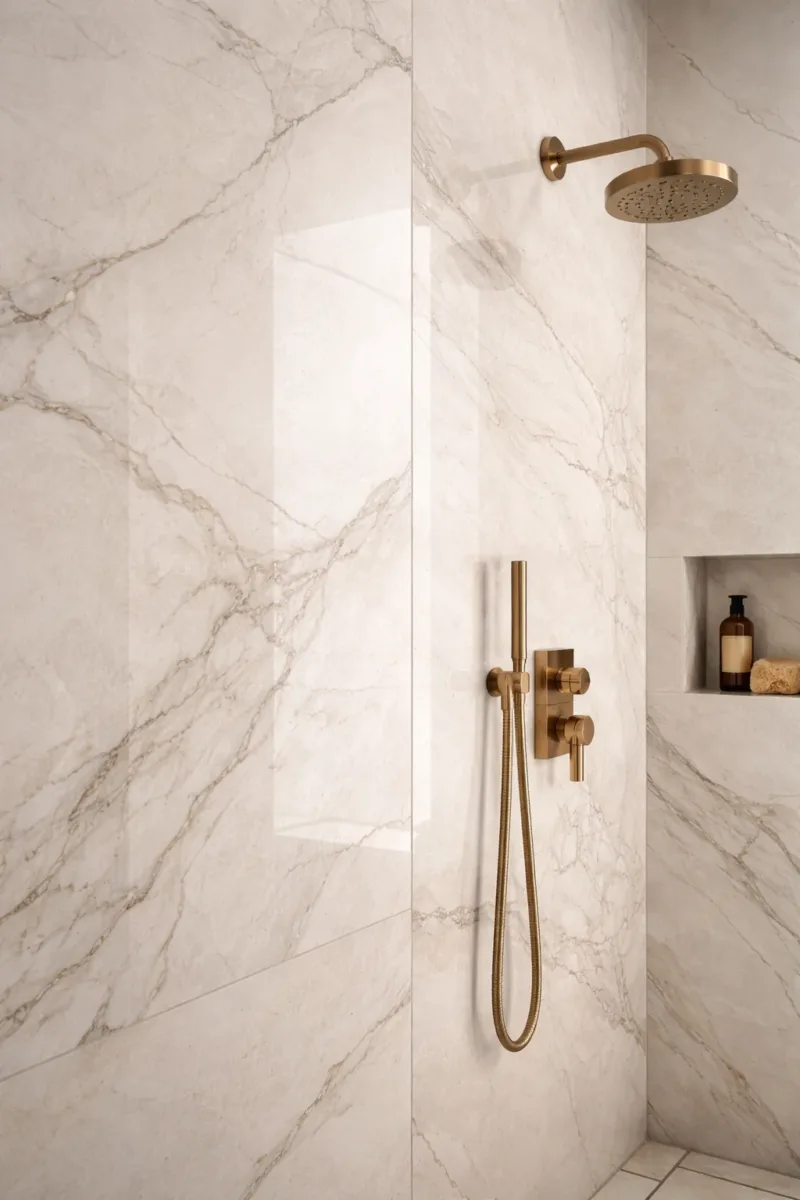 Close-up of large-format porcelain slab shower wall with subtle veining, brushed brass rain showerhead and controls, and recessed niche in a luxury primary bathroom