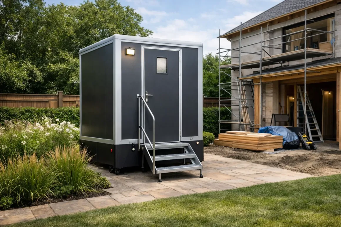 Luxury portable toilet installed in a residential backyard during home renovation