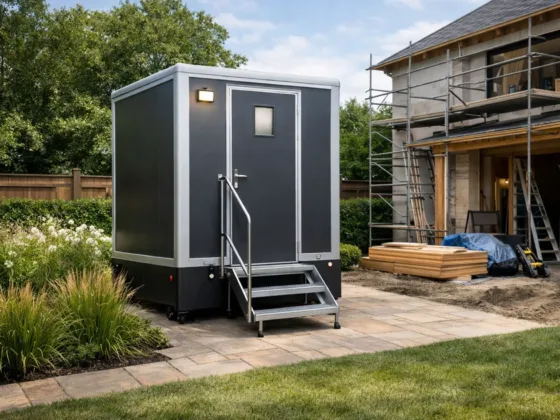 Luxury portable toilet installed in a residential backyard during home renovation