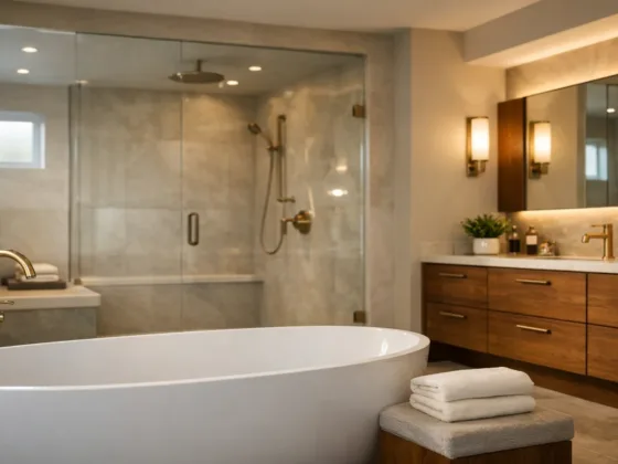 Spa-inspired primary bathroom with freestanding soaking tub in the foreground, seamless glass wet-room shower, large-format porcelain wall slabs, wood vanity, and brushed brass fixtures