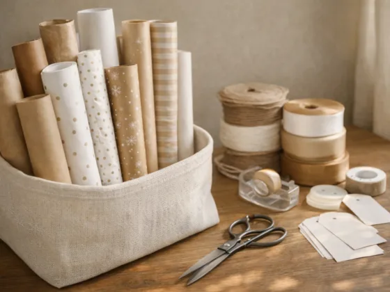 Organized wrapping paper stored upright in a breathable container for long-term storage and easy access.