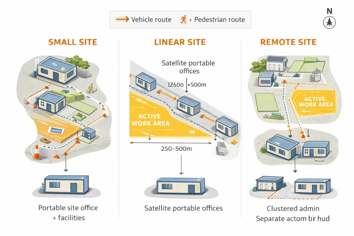 Simple site layout diagram showing small, linear, and remote construction site setups with portable offices, vehicle routes, and pedestrian pathways