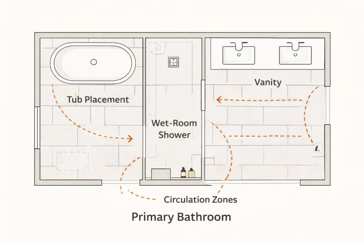 Primary bathroom layout diagram showing freestanding tub placement, wet-room shower with frameless glass, dual vanity, and circulation zones between fixtures
