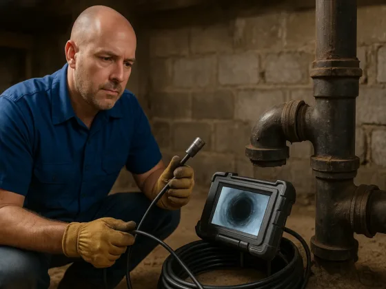 Professional plumber performing a drain camera inspection as part of a rooter service, diagnosing a clogged drain inside an older pipe system