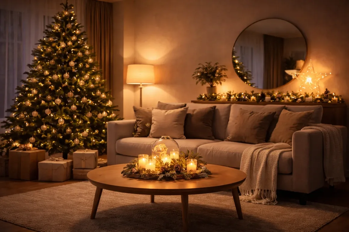 Seasonal decorative lighting creating a warm and cozy atmosphere with soft ambient lights and natural decor