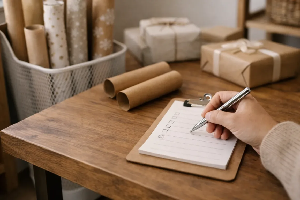 planning bulk wrapping paper usage with checklist and organized supplies on a wooden table
