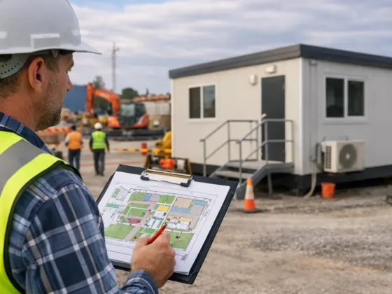 Construction supervisor reviewing a site layout plan near a portable site office on an active construction site