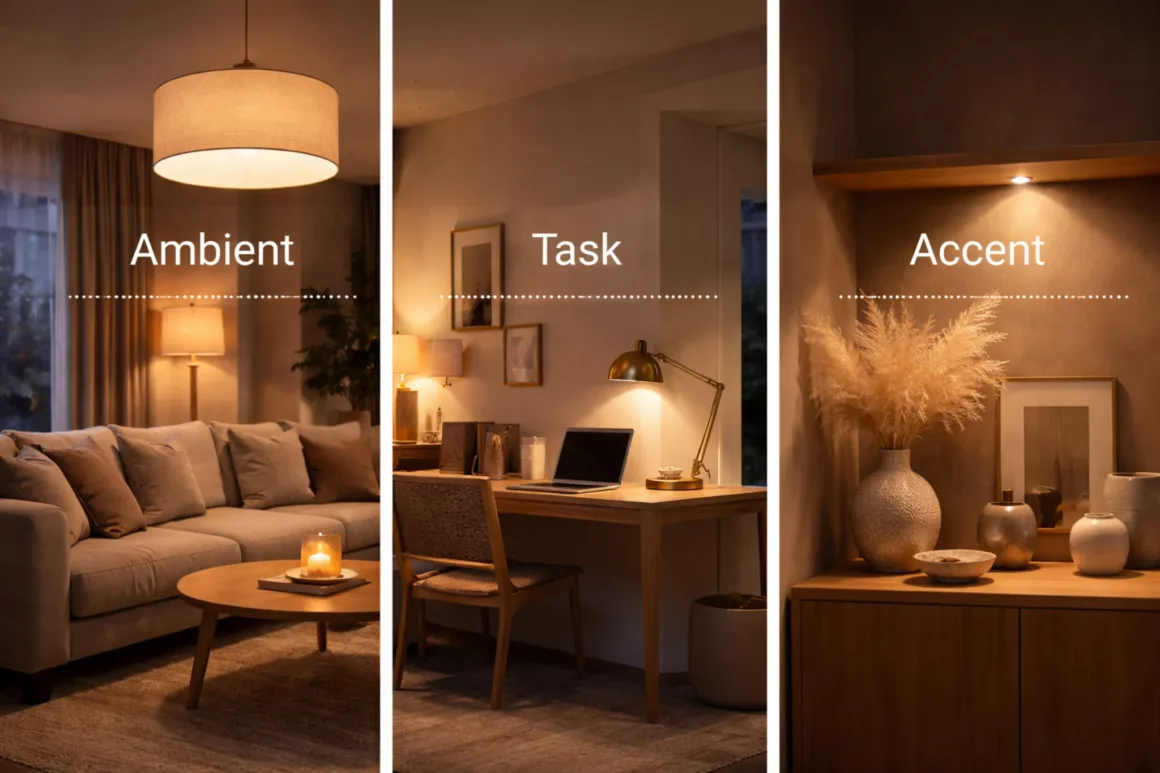 Examples of ambient, task, and accent lighting used together in a modern home interior