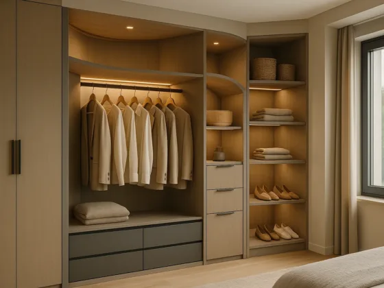 Modern wardrobe designs 2026 featuring built-in storage, corner shelves, and integrated LED lighting in a contemporary bedroom