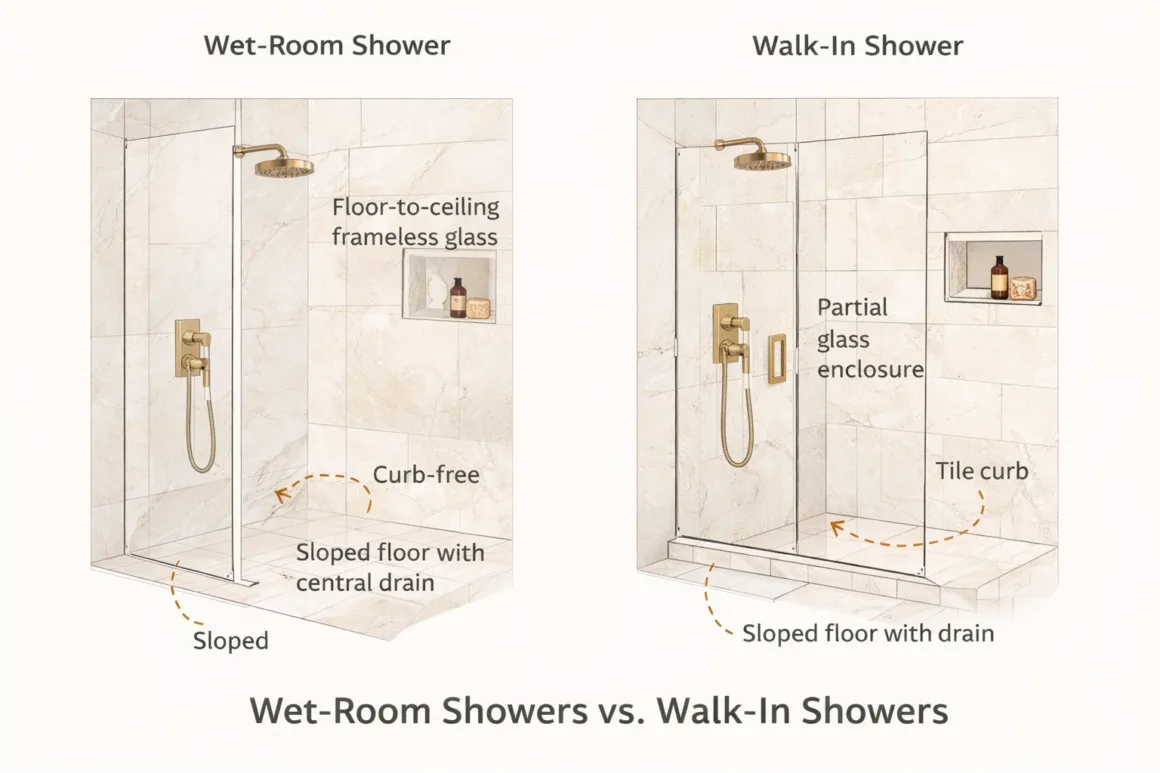 Side-by-side bathroom diagram comparing a wet-room shower and a walk-in shower, showing differences in drainage, glass enclosure, waterproofing zones, and floor transitions