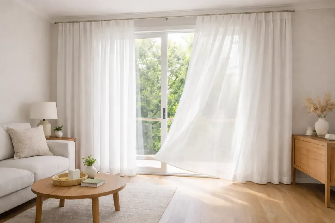 White curtains gently moving near an open window in a bright, airy living room with soft natural daylight