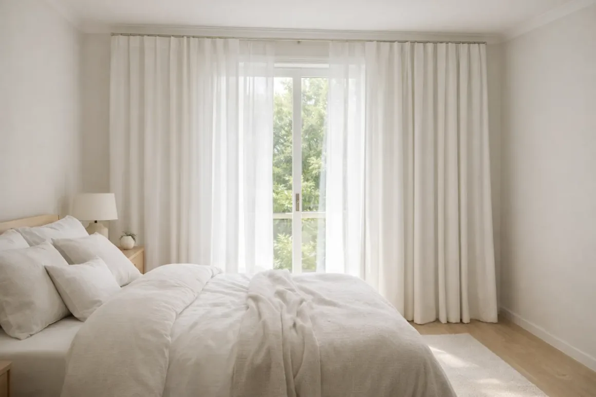 Layered white sheer and blockout curtains in a calm bedroom with soft morning light filtering through a window