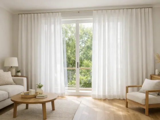 White curtains hanging floor to ceiling in a bright living room, softly filtering natural daylight through large windows