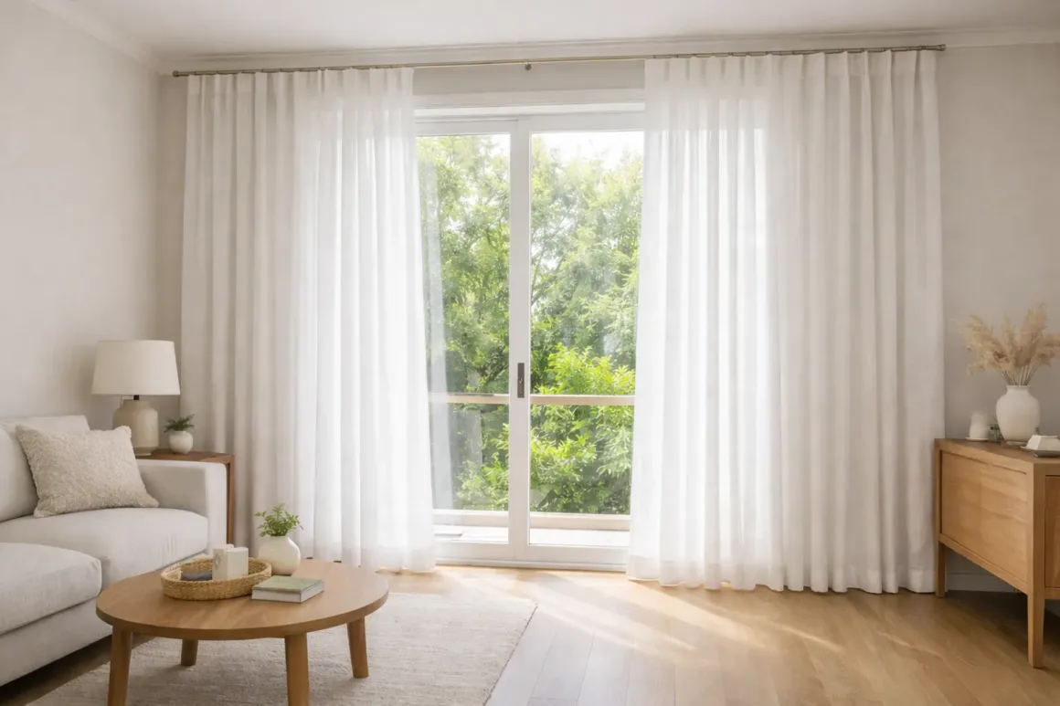White curtains installed floor to ceiling on a curtain rod mounted above a window, showing proper height and full width coverage