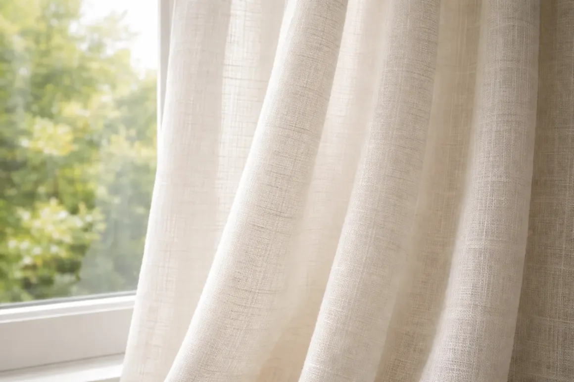 Close-up of white linen curtain fabric showing natural weave texture and soft folds illuminated by daylight