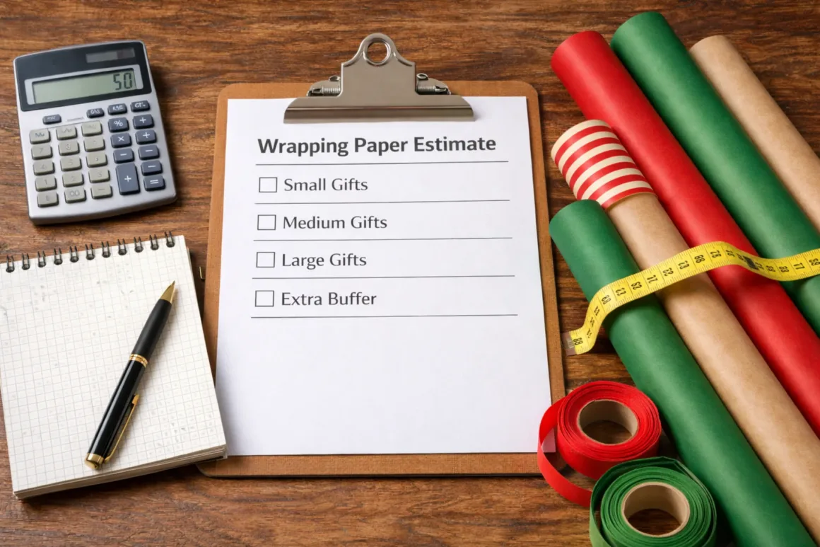 Estimating how much wrapping paper is needed using gift sizes and planning tools