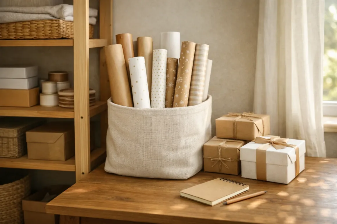 Wrapping paper supplies grouped neatly for long-term storage, including rolls, ribbon, tape, and planning tools.