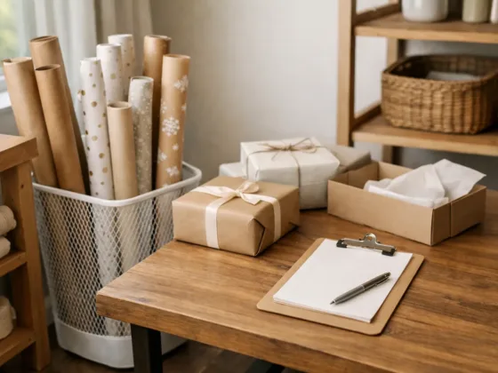 bulk wrapping paper planning and storage in a home workspace
