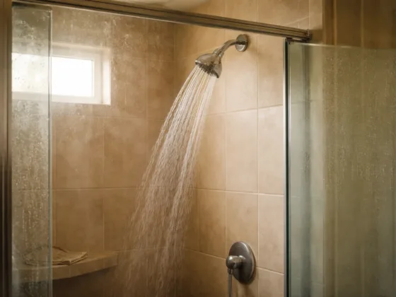 Shower water flow in a bathroom affected by hard water