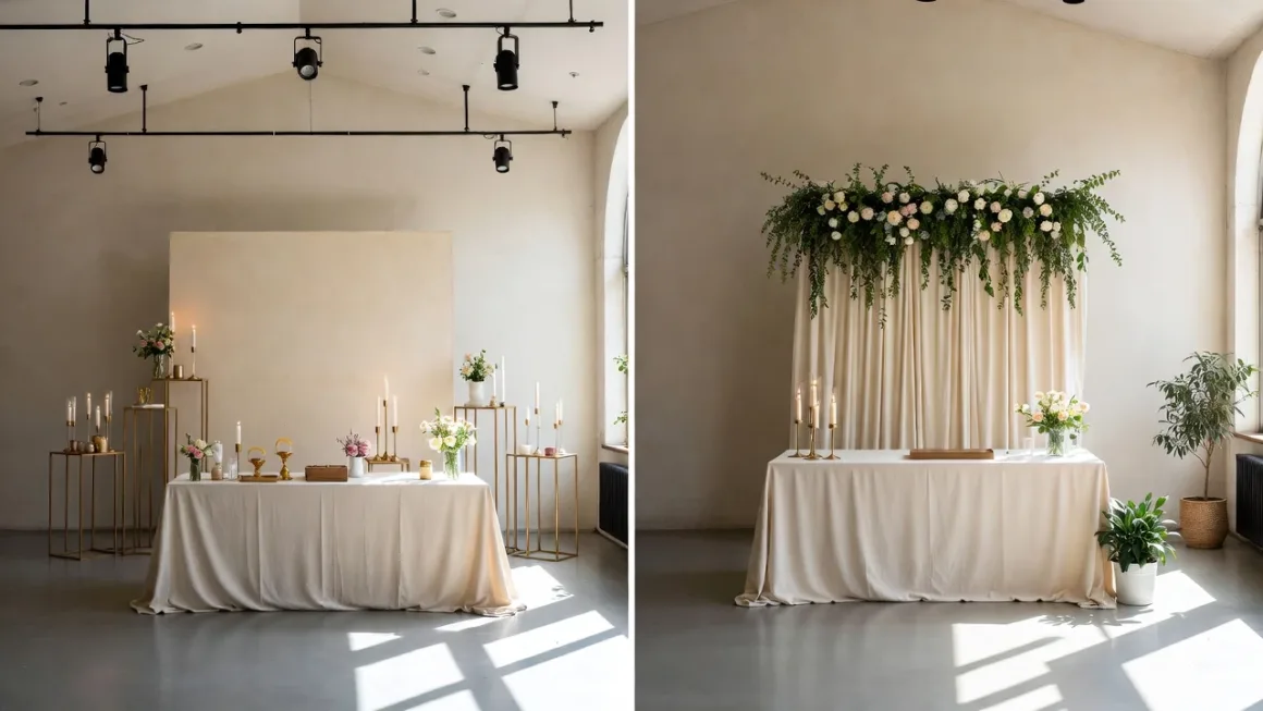 Event design focal point before and after comparison showing improved visual clarity with a single focal backdrop
